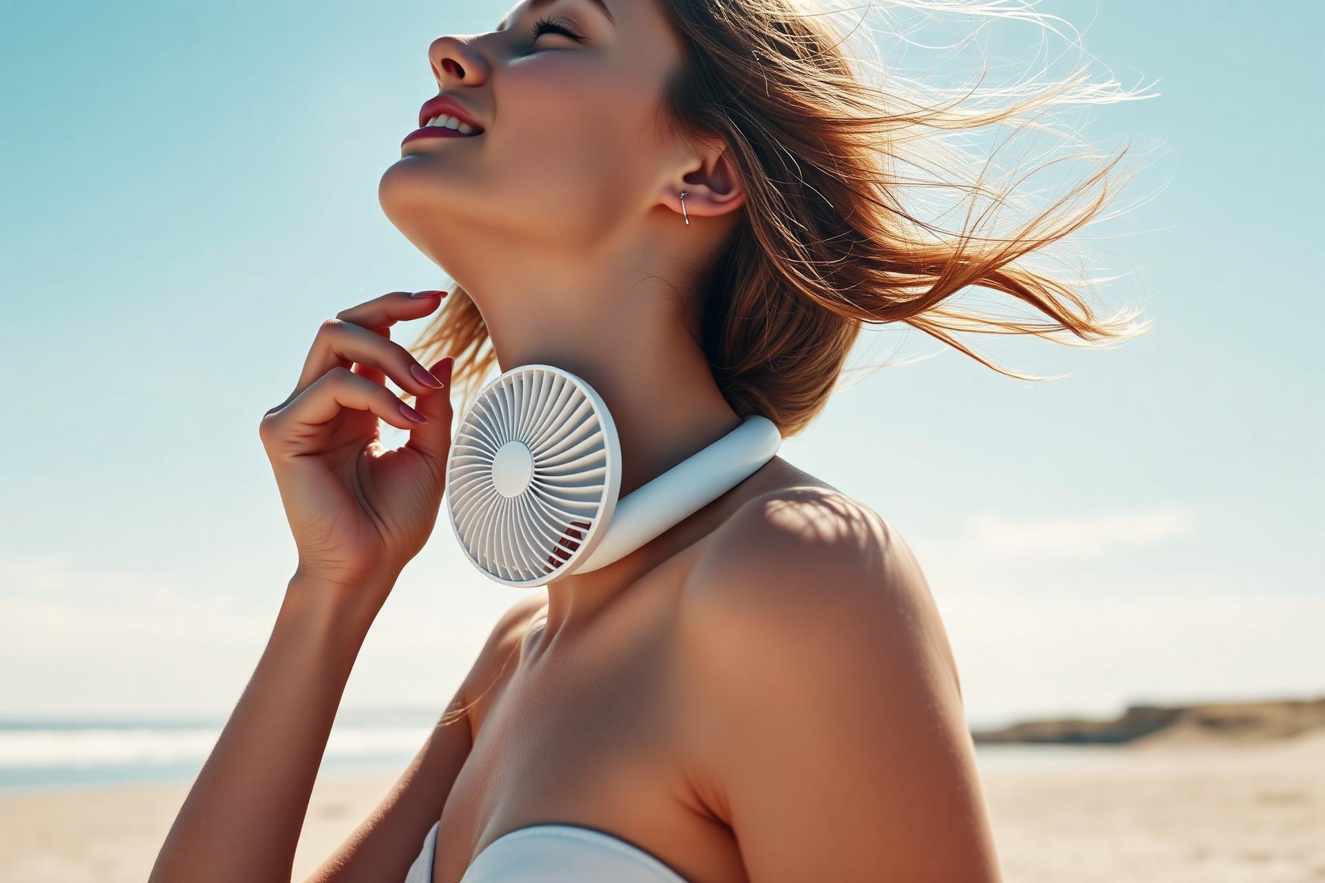 Woman enjoying a portable neck fan on a UK beach
